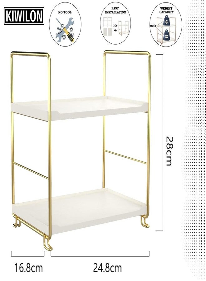 Kiwilon 2 Tier Storage Rack Shelf | Gold Metal Frame with White Trays | Multipurpose Stand for Kitchen | Office Table & Study Desk - Image 3
